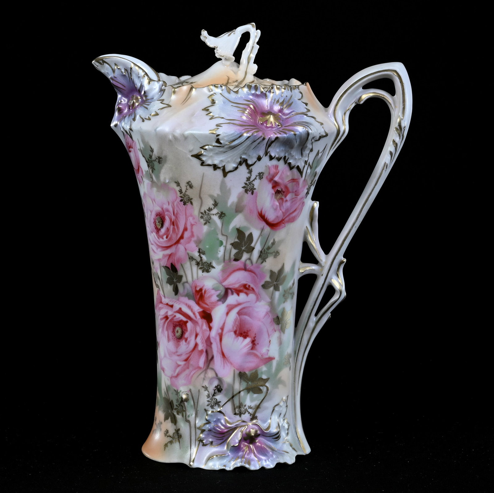 Chocolate Pot, Marked R.S. Prussia, Pink Poppy Decor: Chocolate Pot, Marked R.S. Prussia, Pink Poppy Decor, 10" x 7.25", White, Orange, Green, And Lavender Satin Finish, Gold Stencil Highlights, Lou And The Late Norman Darland, TN.
