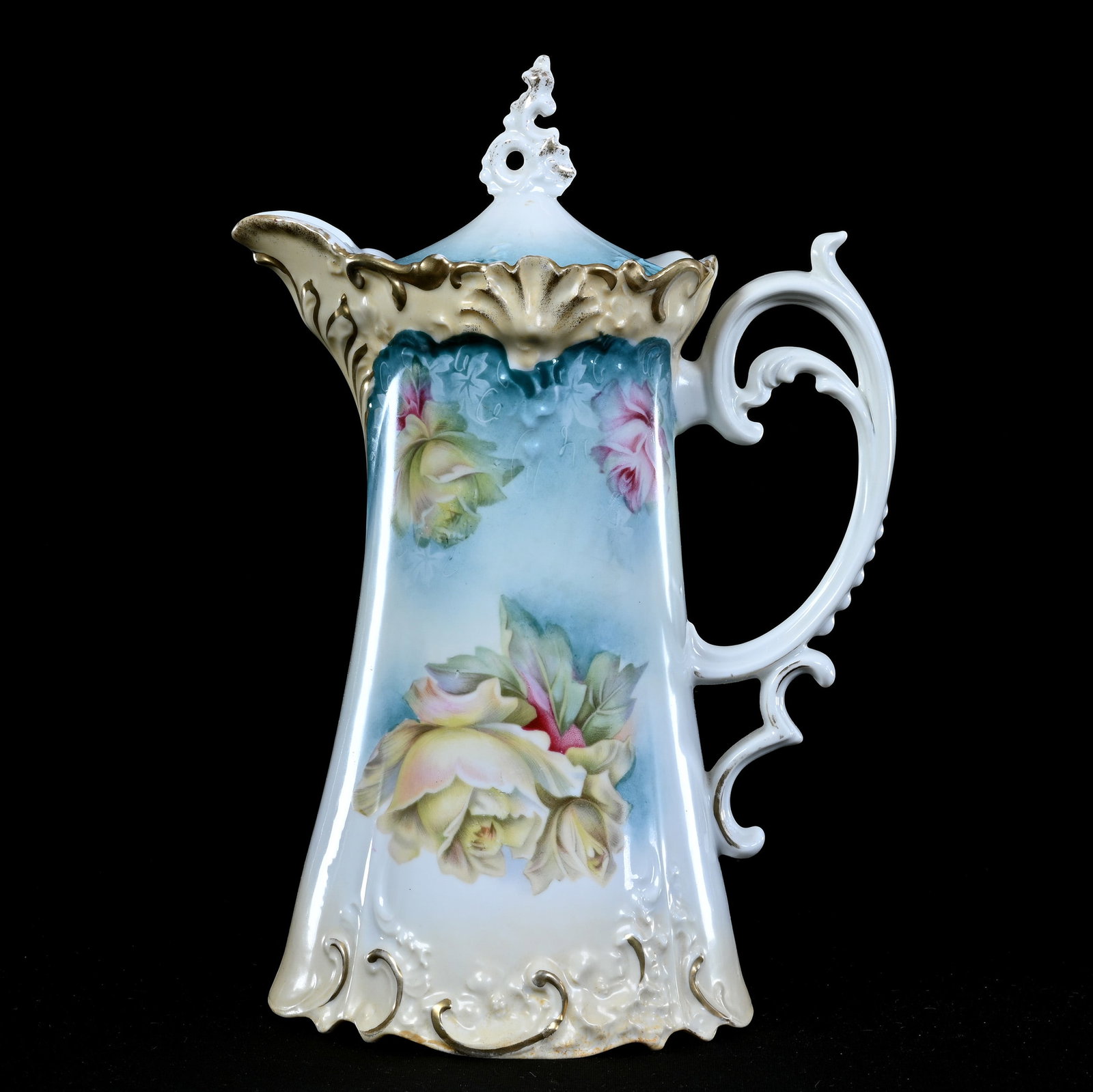 Chocolate Pot, Unmarked R.S. Prussia, Pink And Yellow Rose Decor: Chocolate Pot, Unmarked R.S. Prussia, Pink And Yellow Rose Decor, 10" x 7", Blue, Cream, And White Tones, Fancy Mold, Professional Handle Touch-Up, Lou And The Late Norman Darland, TN.