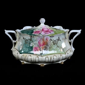 Two-Handled Cracker Jar, Marked Wheelock Prussia, Pink Poppy Decor