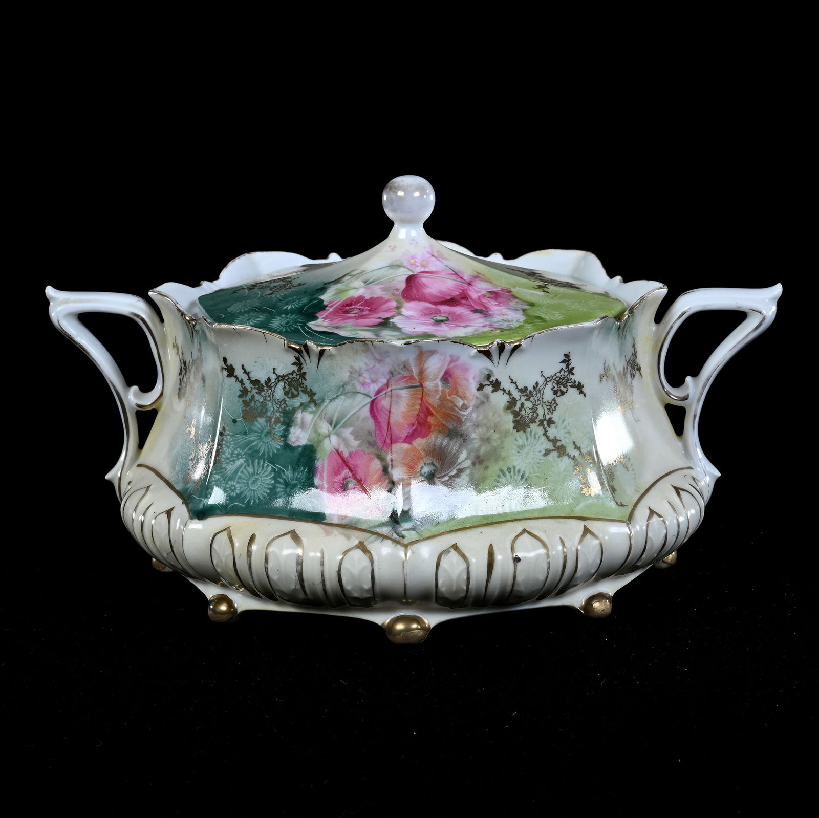 Two-Handled Cracker Jar, Marked Wheelock Prussia, Pink Poppy Decor (1 of 3)