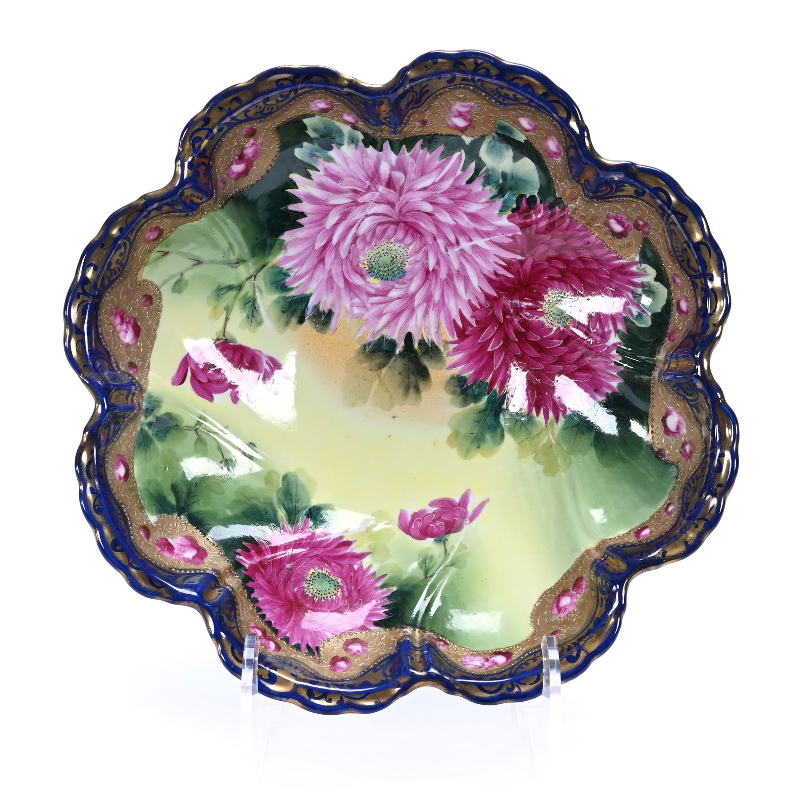 Bowl, Marked Japan (Nippon Style), Pink Chrysanthemum Decor: Bowl, Marked Japan (Nippon Style), Pink Chrysanthemum Decor, 11.5", Green And Yellow Background, Cobalt Blue Border, Heavy Gold Highlights, Lou And The Late Norman Darland, TN.