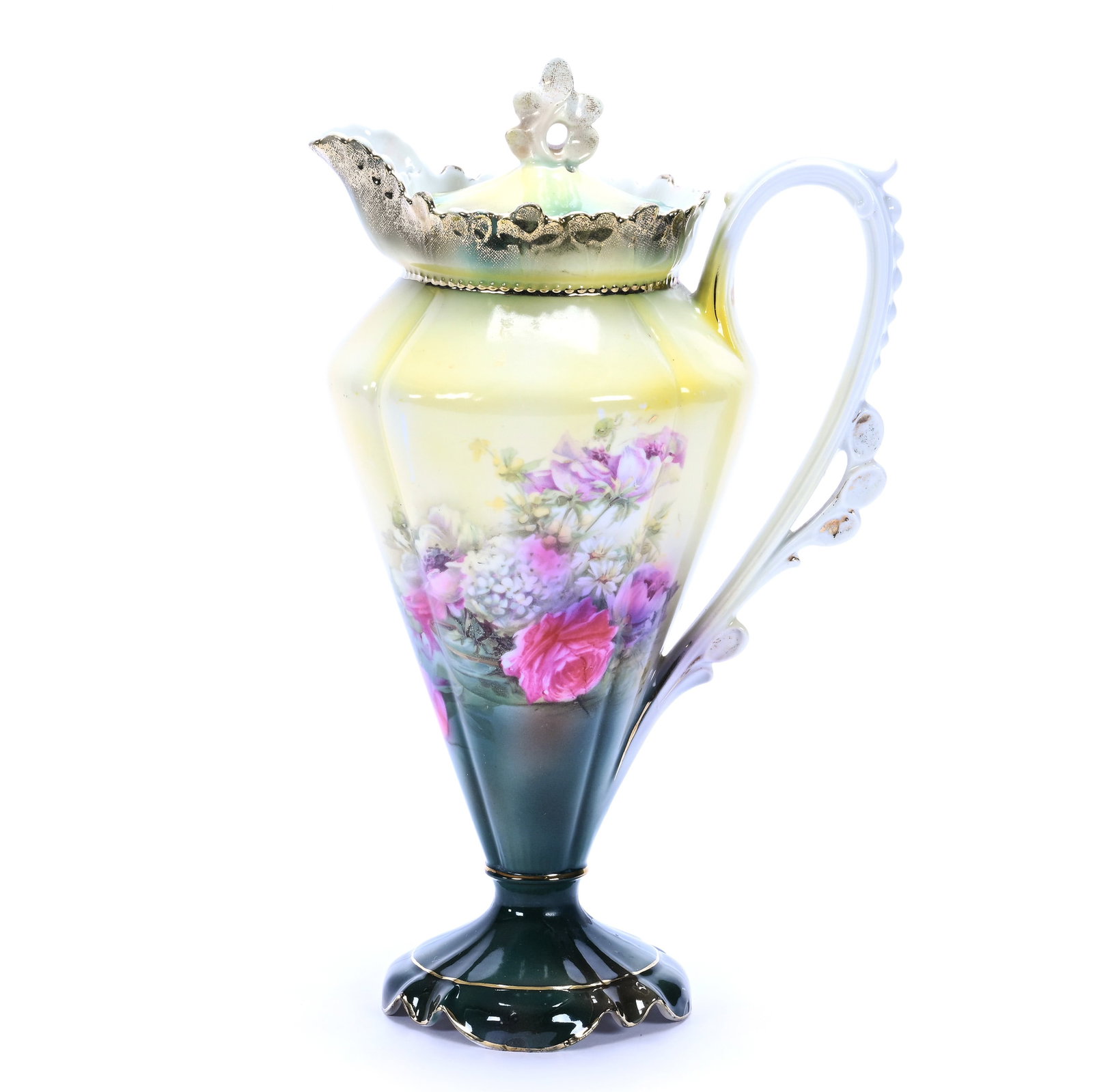 Pedestal Chocolate Pot, Marked R.S. Prussia, Glass Bowl Scenic Decor: Pedestal Chocolate Pot, Marked R.S. Prussia, Glass Bowl Scenic Decor, 10.25" x 6.25", Green And Yellow Tones, Finial Touch-Up, Lou And The Late Norman Darland, TN.