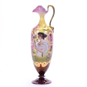Pedestal Ewer Marked Prov Saxe, Portrait Of Woman Smelling Flower