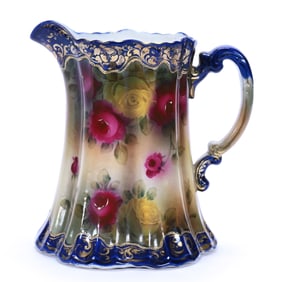 Pitcher, Unmarked Nippon Style, Red And Yellow Rose Decor