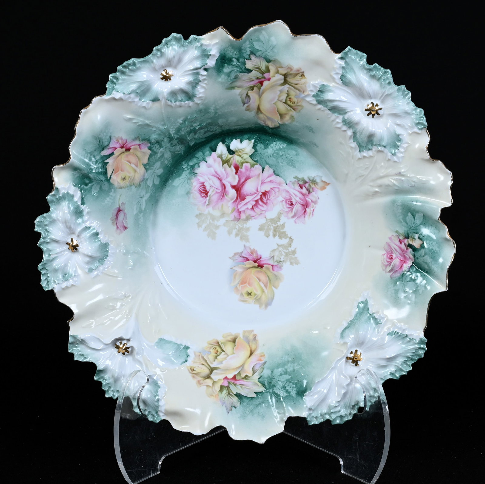Centerpiece Bowl, Marked R.S. Prussia, Carnation Mold: Centerpiece Bowl, Marked R.S. Prussia, Carnation Mold, 15", Pink And Yellow Rose Decor, Green, Cream, And White Tones, Lou And The Late Norman Darland, TN.