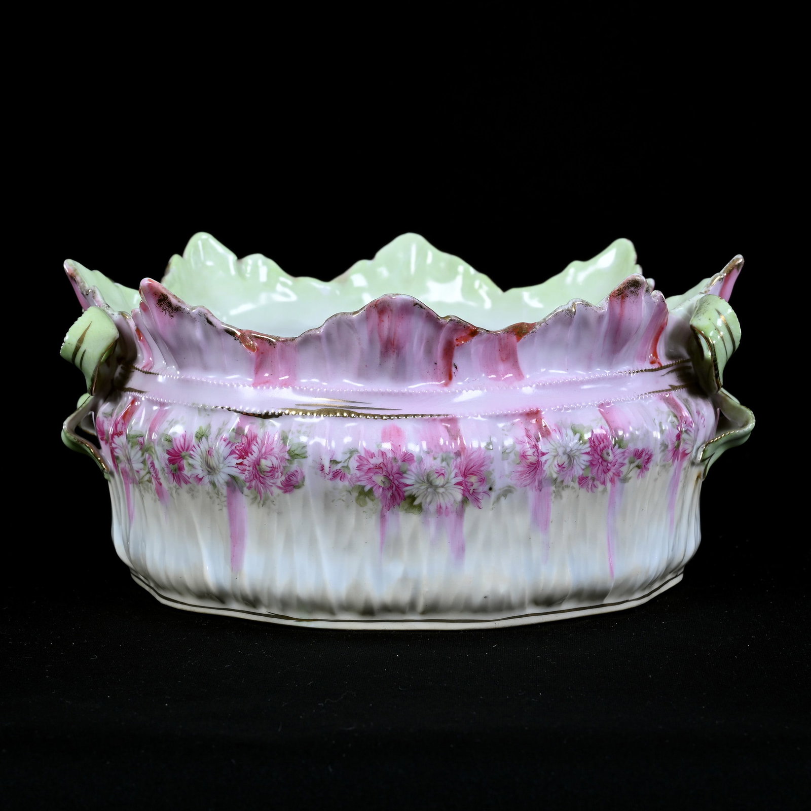 Fernery, Unmarked R.S. Prussia, Bowtie Mold,: Fernery, Unmarked R.S. Prussia, Bowtie Mold, 4" x 8", Pink, Green, And Cream Tones, Lou And The Late Norman Darland, TN.