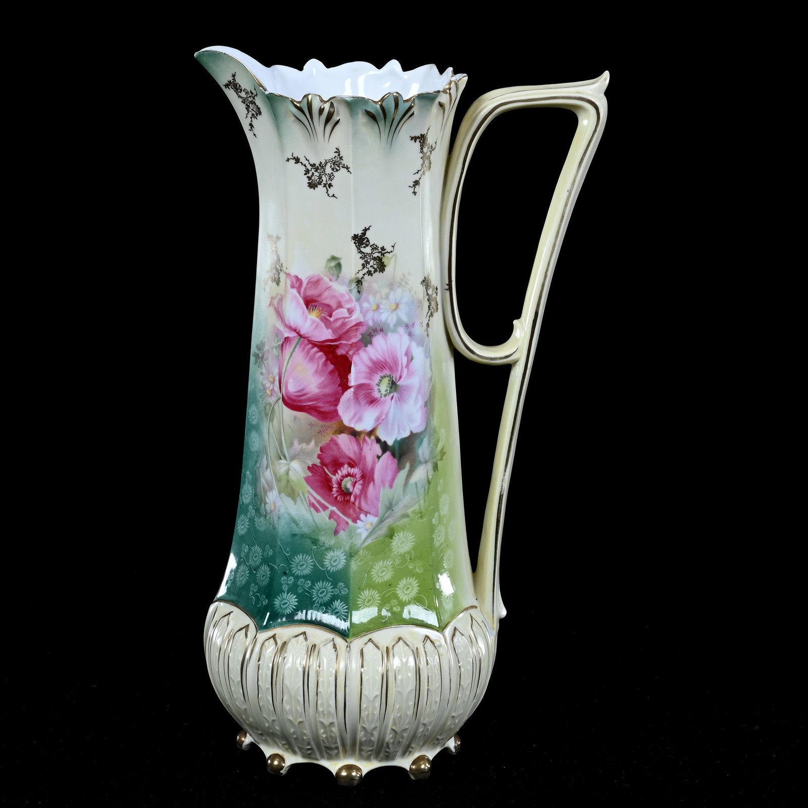 Tankard, Marked R.S. Prussia, Pink Poppy Decor: Tankard, Marked R.S. Prussia, Pink Poppy Decor, 14" x 7.75", Green And Cream Tones, Gold Stencil Highlights, Lou And The Late Norman Darland, TN.
