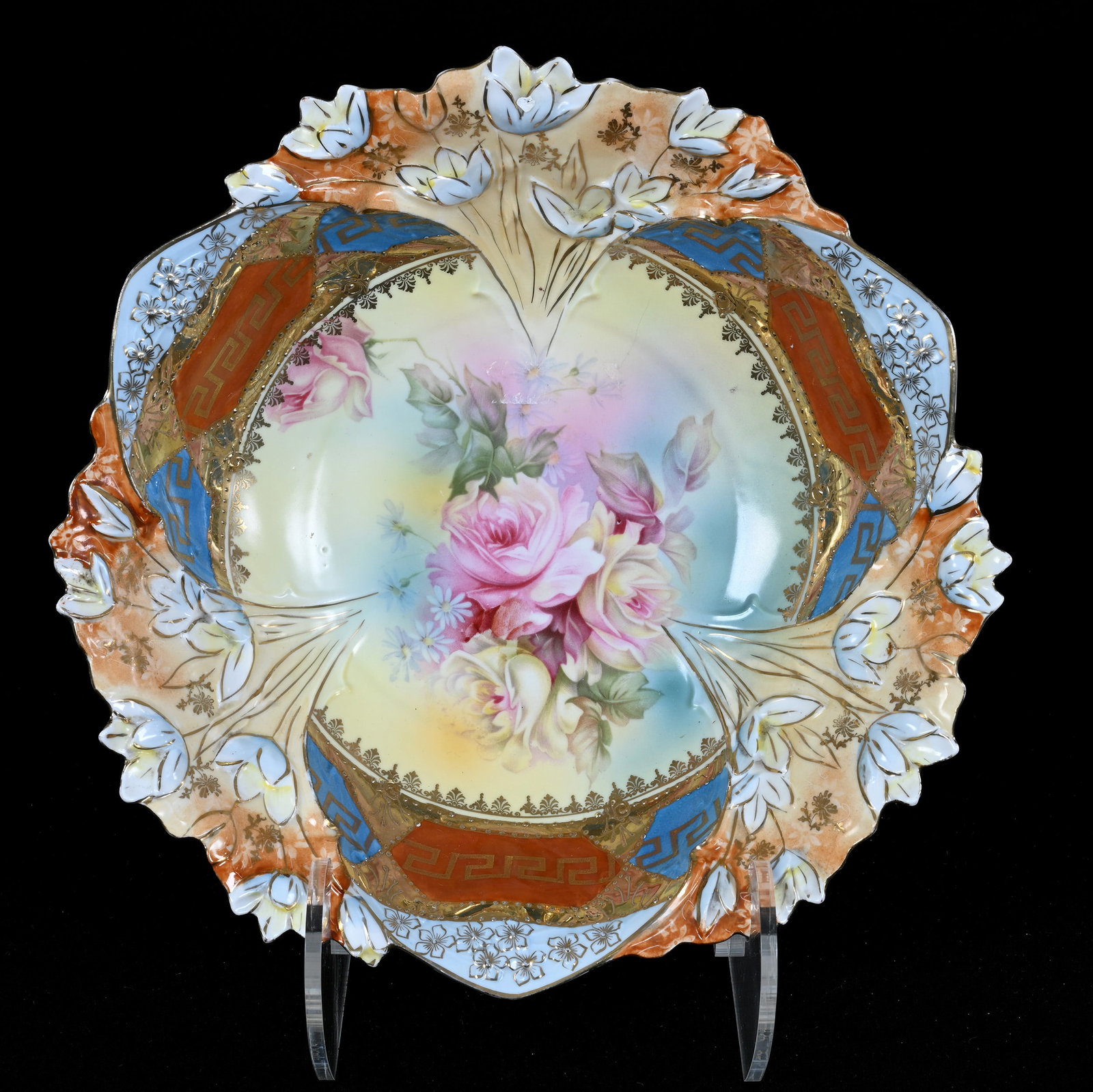 Bowl, Unmarked R.S. Prussia, Pink And Yellow Rose Decor: Bowl, Unmarked R.S. Prussia, Pink And Yellow Rose Decor, 10.25", Blue, Yellow, And Brown Tones, Heavy Gold Highlights, Lou And The Late Norman Darland, TN.