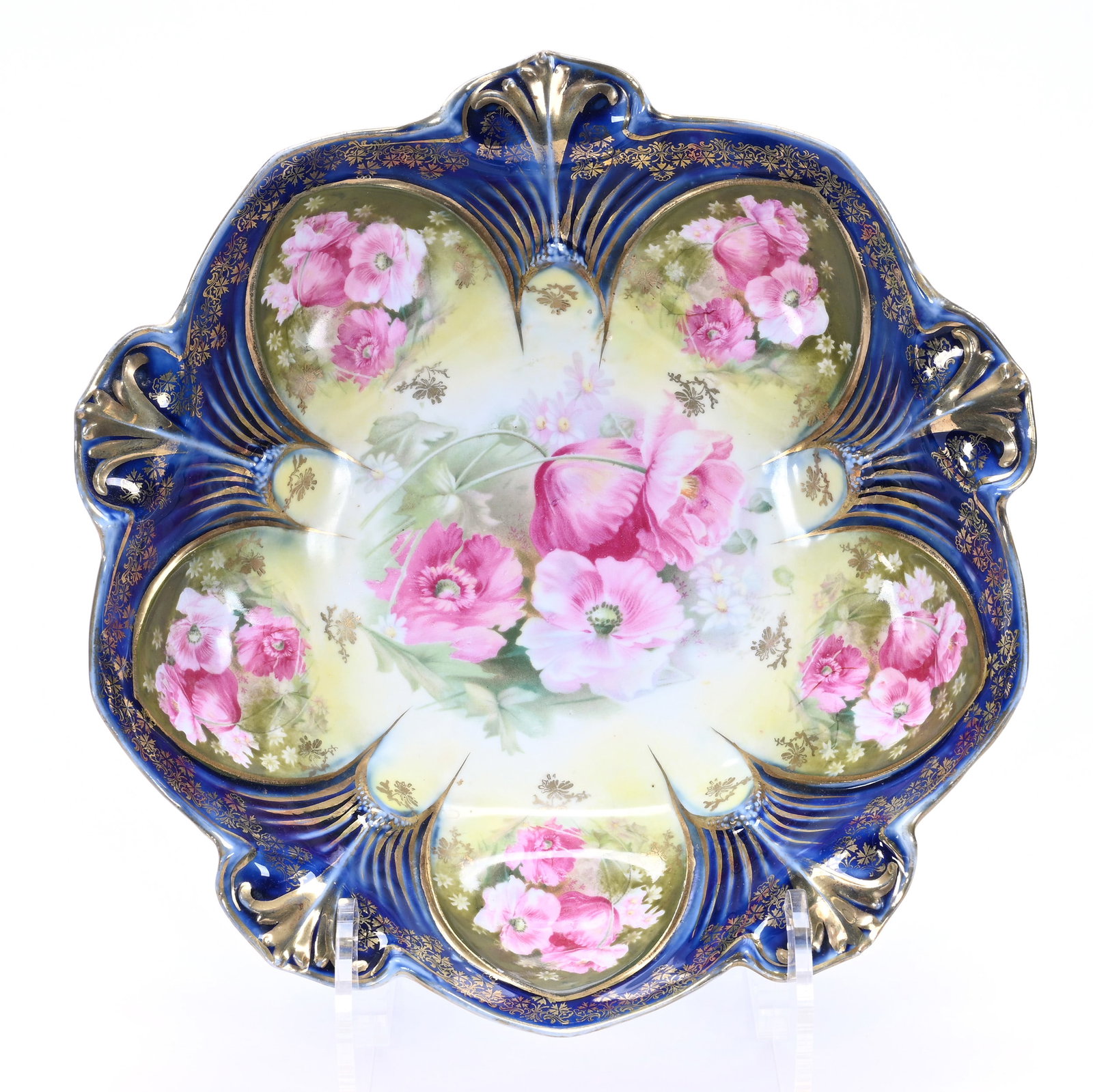 Bowl, Marked R.S. Prussia, Pink Poppy Decor: Bowl, Marked R.S. Prussia, Pink Poppy Decor, 10.75", Green And Yellow Tones With Cobalt Blue Border, Gold Stencil Highlights, Lou And The Late Norman Darland, TN.