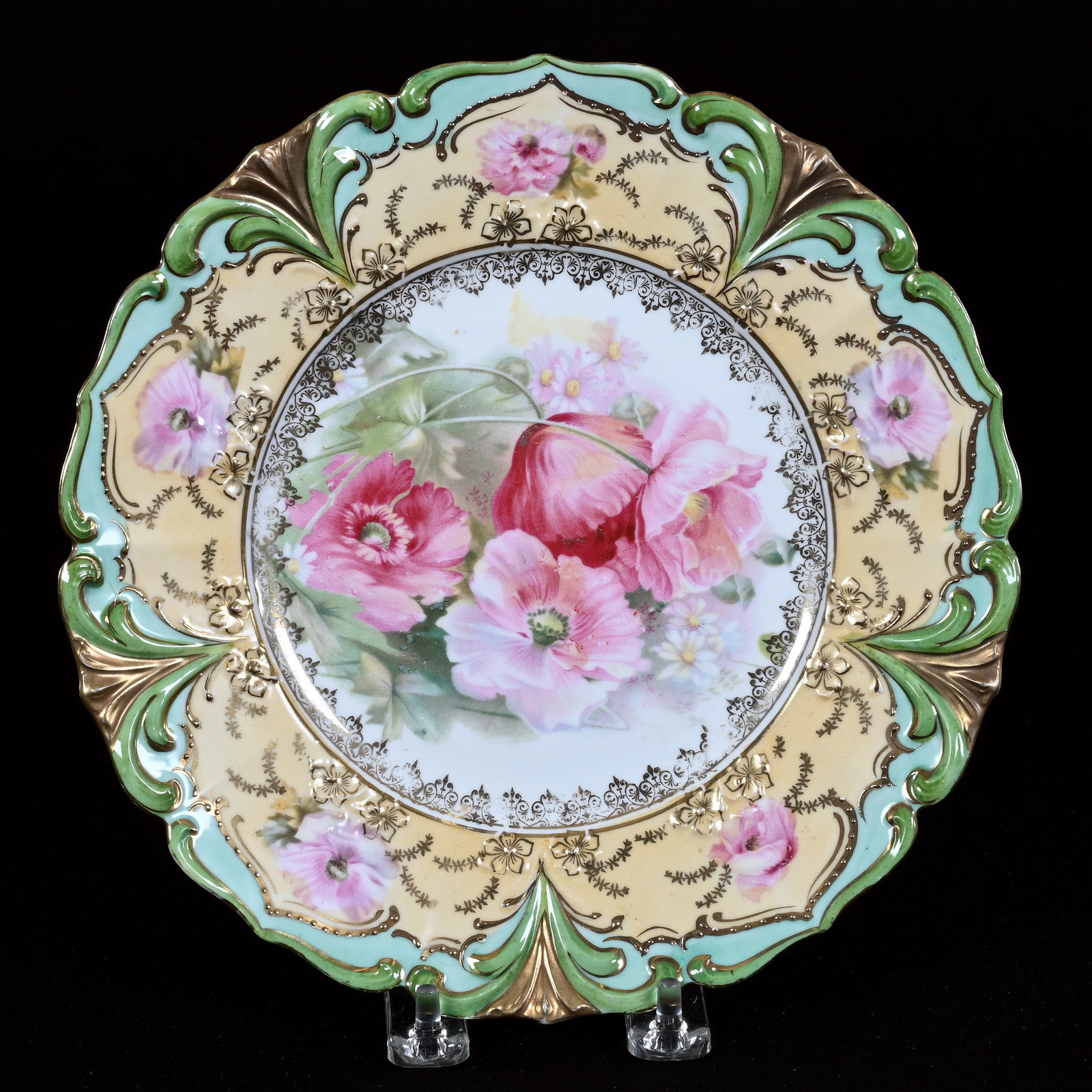Plate, Marked R.S. Prussia, Pink Poppy Decor: Plate, Marked R.S. Prussia, Pink Poppy Decor, 8.75", Cream, Blue, And Green Border, Gold Stencil Highlights, Lou And The Late Norman Darland, TN.