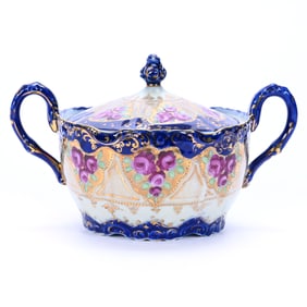 Two-Handled Cracker Jar, Unmarked Nippon, Pink Rose Decor