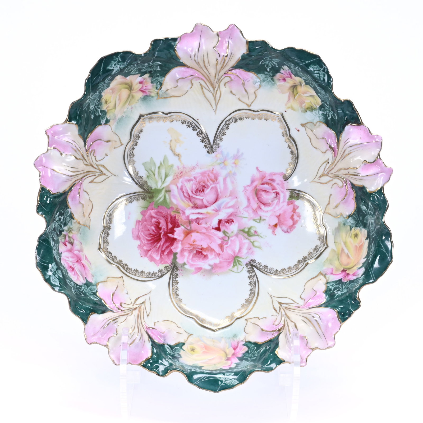 Bowl, Marked R.S. Prussia, Iris Mold: Bowl, Marked R.S. Prussia, Iris Mold, 10.5", Pink Rose Decor, Green, Cream, Pink, And White Tones, Lou And The Late Norman Darland, TN.