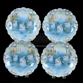 (4) Plates, Unmarked R.S. Prussia, Icicle Mold, Swan Scenic Decor