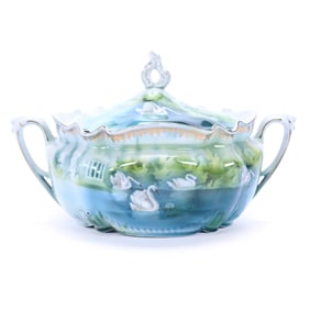 Two-Handled Cracker Jar, Marked R.S. Prussia, Swan And Gazebo Decor