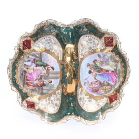 Handled Divided Bowl, Unmarked St. Killian With Beehive Mark, Classic Scenes