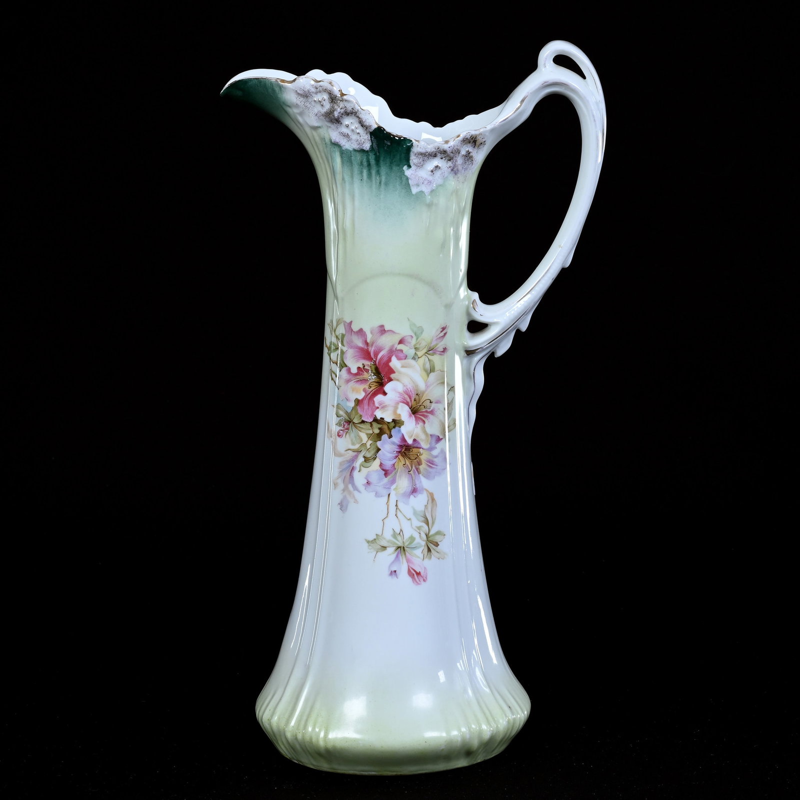 Tankard, Unmarked R.S. Prussia, Icicle Mold, Floral Decor: Tankard, Unmarked R.S. Prussia, Icicle Mold, Floral Decor, 14" x 7.5", Green And White Tones, Lou And The Late Norman Darland, TN.