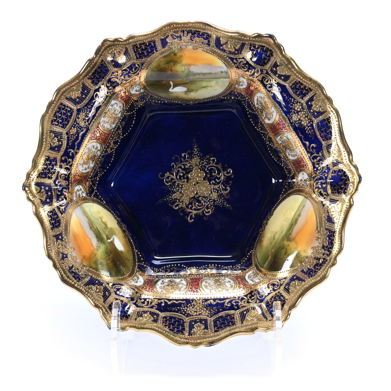 Six-Sided Bowl, Marked Nippon, Swan Scenic Medallions (1 of 2)