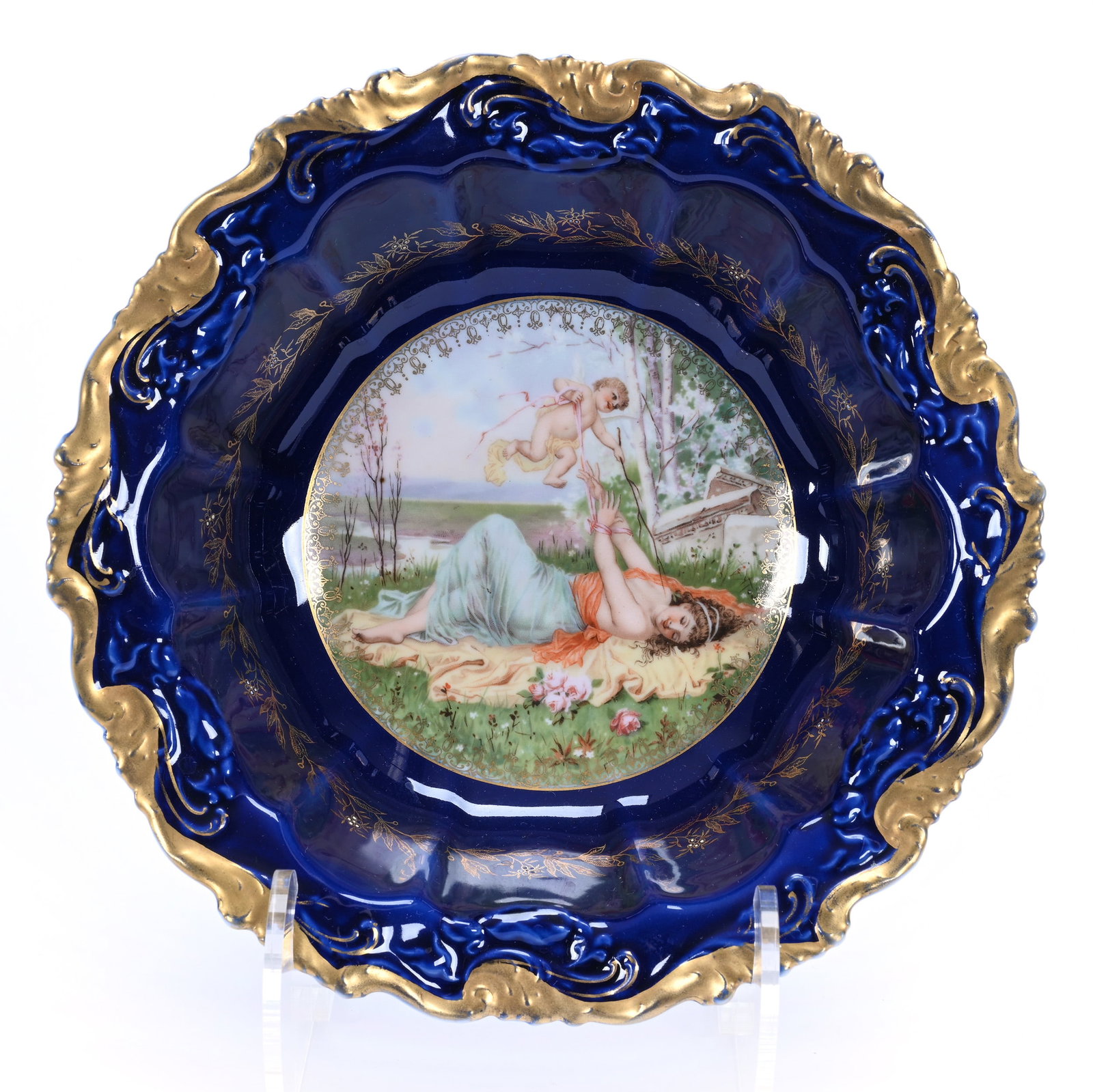 Bowl, Marked Bavaria, Scene Of Woman And Cherub: Bowl, Marked Bavaria, Scene Of Woman And Cherub, 10", Cobalt Blue Border, Gold Trim, Lou And The Late Norman Darland, TN.