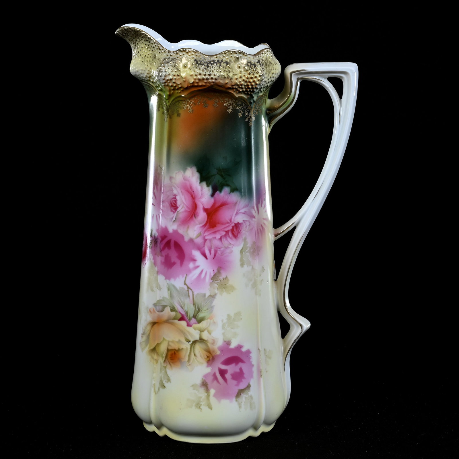 Tankard, Marked R.S. Prussia, Stipple Mold: Tankard, Marked R.S. Prussia, Stipple Mold, 13.25" x 7.75", Pink And Yellow Rose Decor, Green And Yellow Tones, Body Repair Near Handle, Lou And The Late Norman Darland, TN.