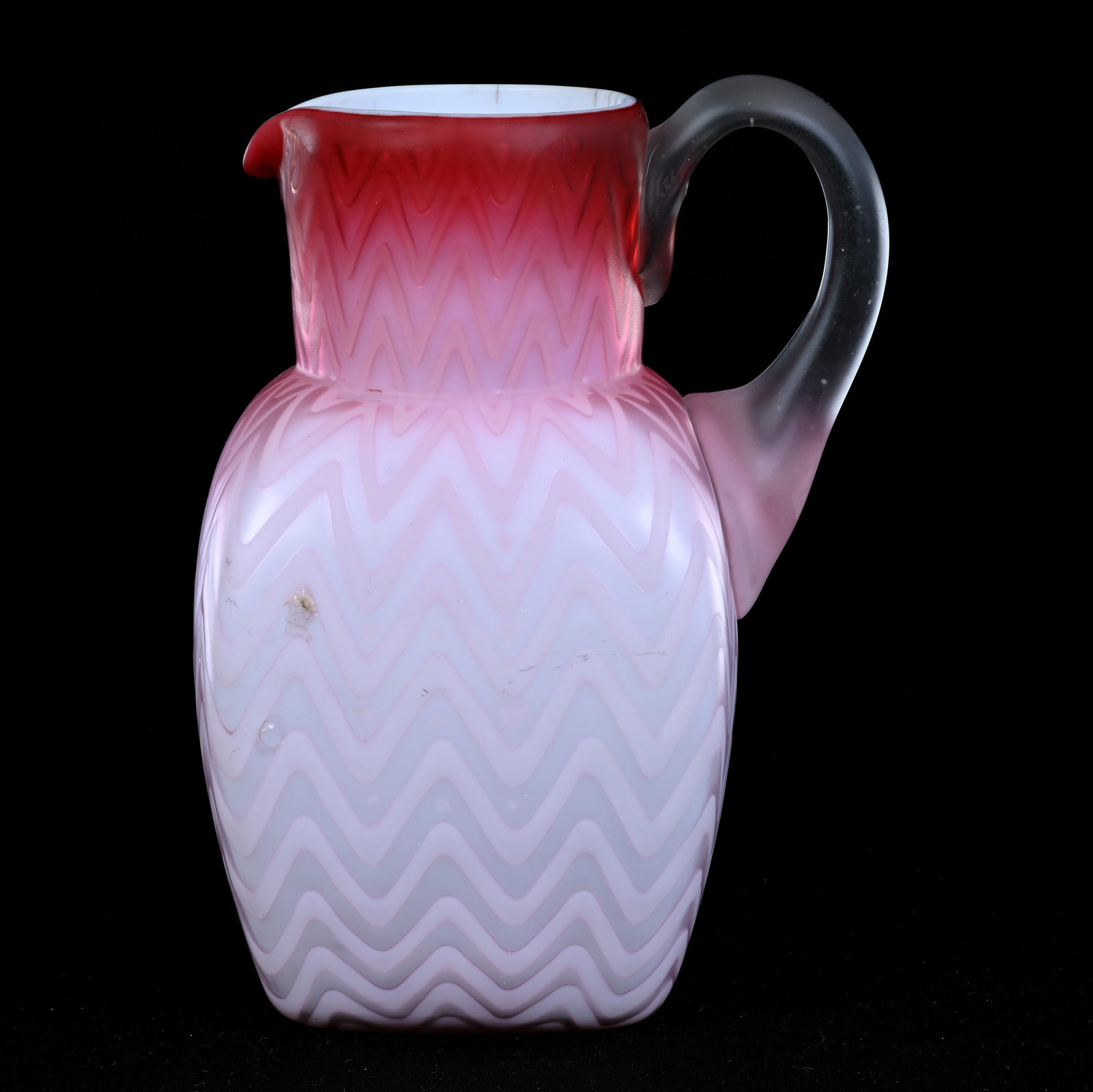 Pitcher, Pink Satin Herringbone Art Glass: Pitcher, Pink Satin Herringbone Art Glass, 8.5" x 6", Four-Sided Body, One Open Bubble, Lou And The Late Norman Darland, TN.