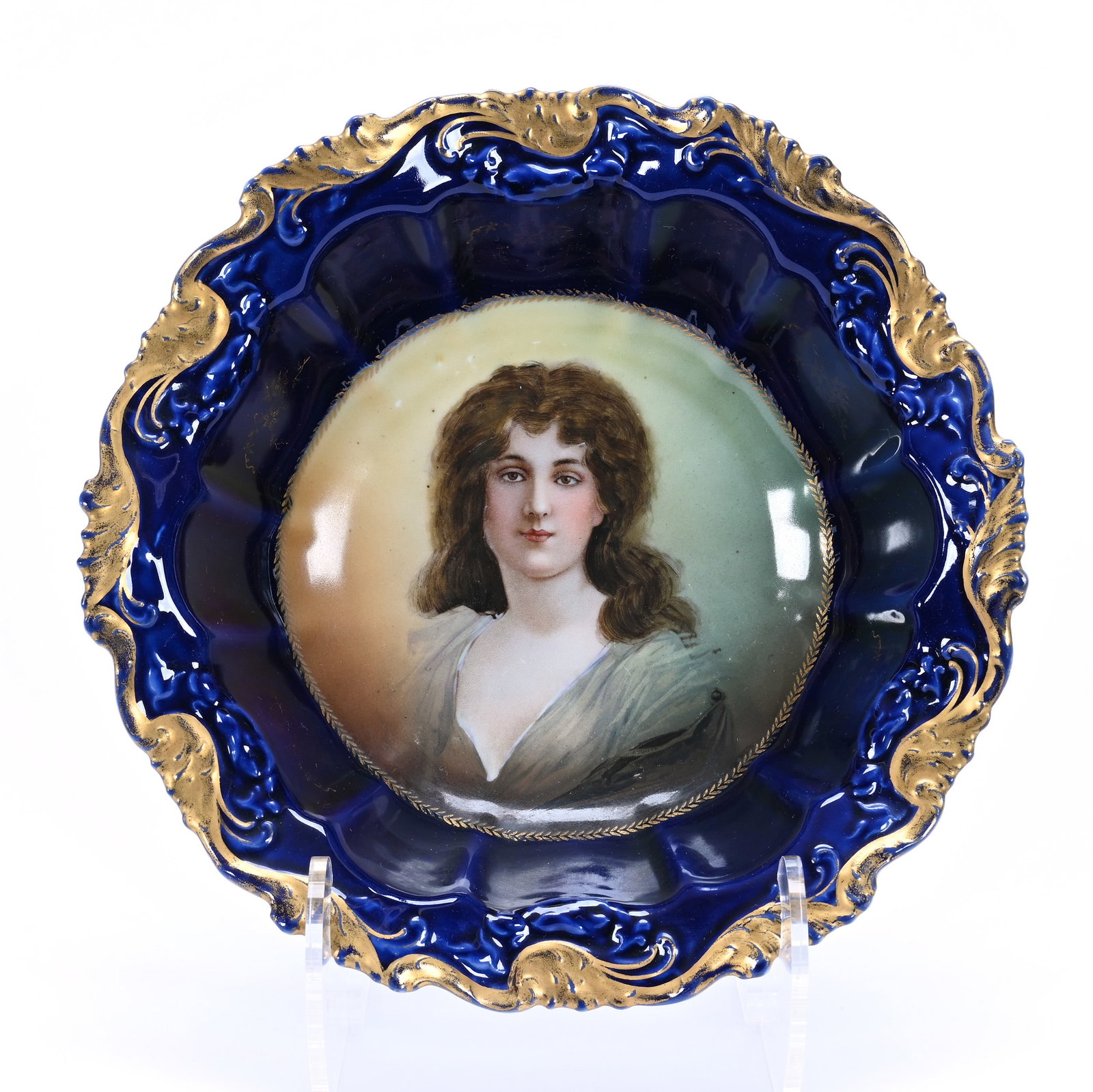 Bowl, Marked Bavaria, Portrait Of Young Woman: Bowl, Marked Bavaria, Portrait Of Young Woman, 10", Cobalt Blue Border, Gold Trim, Lou And The Late Norman Darland, TN.