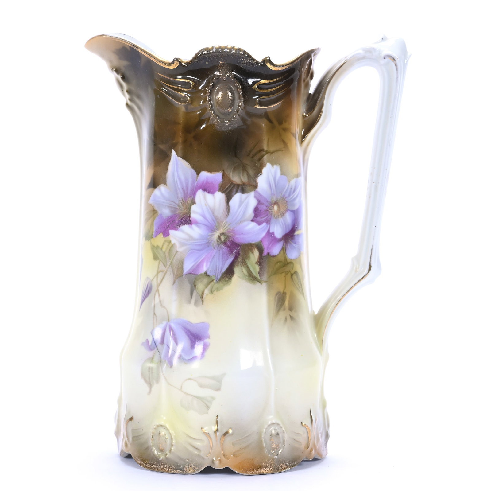 Tankard, Marked R.S. Prussia, Ribbon And Jewel Mold: Tankard, Marked R.S. Prussia, Ribbon And Jewel Mold, 9.5" x 7.5", Purple Floral Decor, Brown And Yellow Tones, Professional Base Restoration, Lou And The Late Norman Darland, TN.