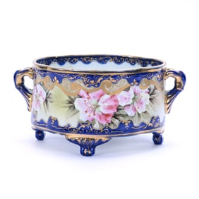 Footed Two-Handle Fernery, Marked Nippon, Pink Floral Decor