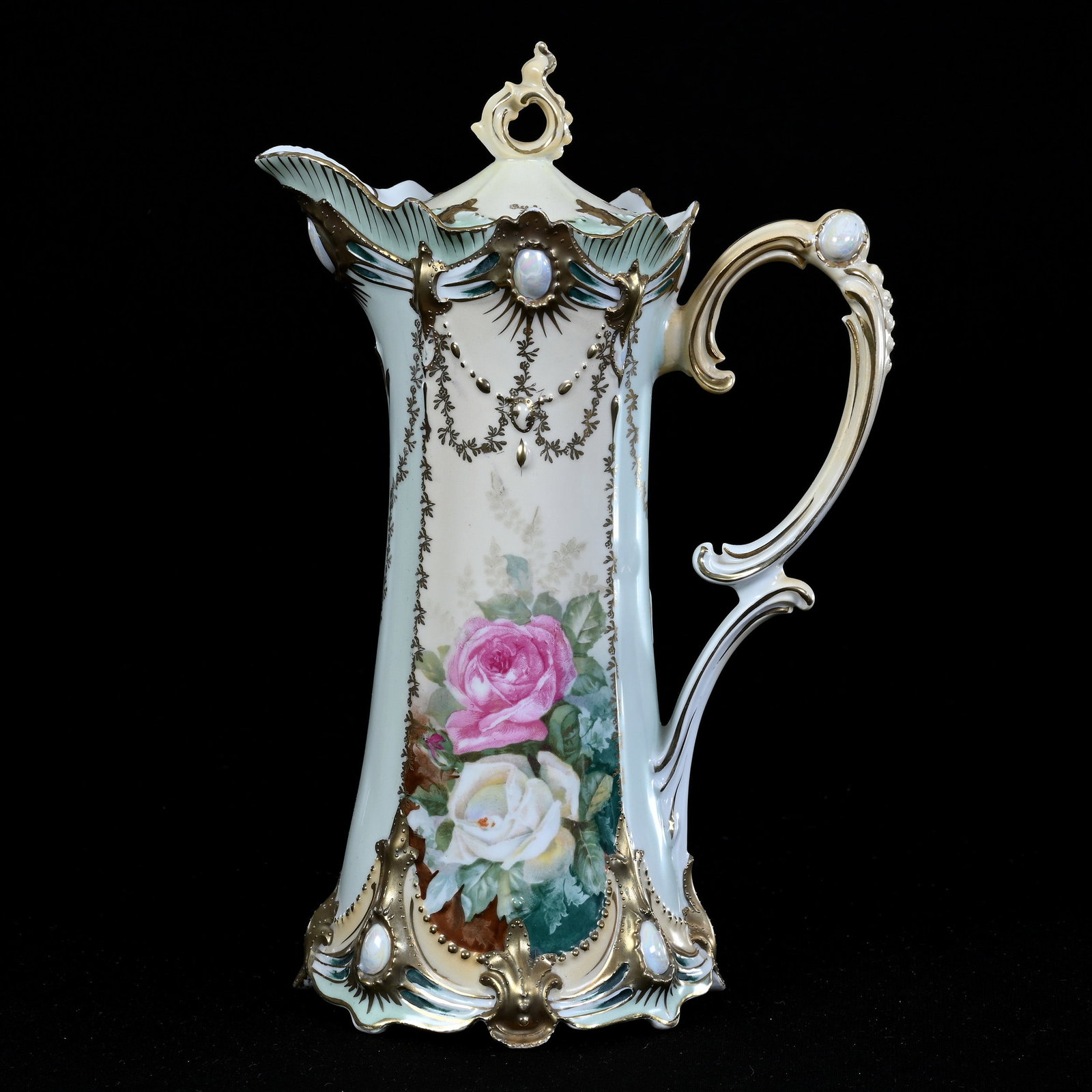 Chocolate Pot, Marked R.S. Prussia, Ribbon And Jewel Mold: Chocolate Pot, Marked R.S. Prussia, Ribbon And Jewel Mold, 10.25" x 6.75", Pink And White Rose Decor, Green And Cream Tones, Opal Jewels And Gold Highlights, Lou And The Late Norman Darland, TN.