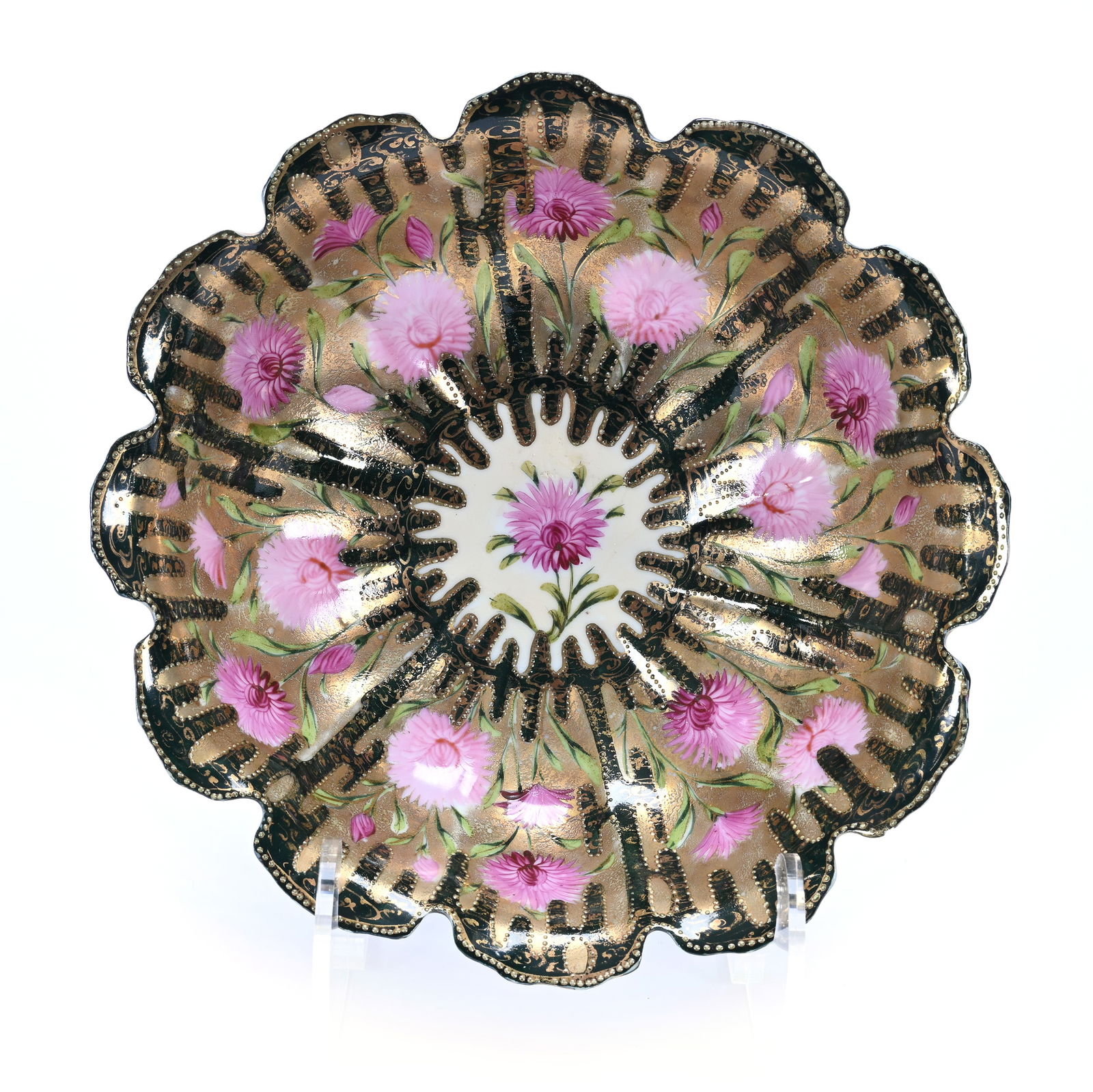 Bowl, Unmarked Nippon, Pink Floral Decor: Bowl, Unmarked Nippon, Pink Floral Decor, 10", Dark Green Background With Gold Highlights, Backside Rim Chip, Lou And The Late Norman Darland, TN.