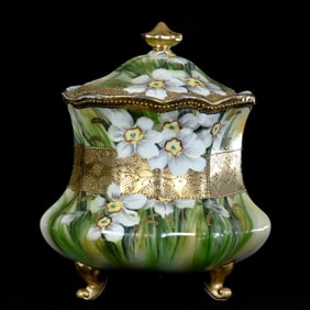 Footed Biscuit Jar, Marked Nippon, White Floral Decor
