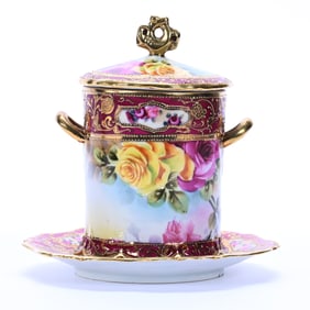 Condensed Milk Jar Marked Nippon, Three Part, Pink And Yellow Rose Decor