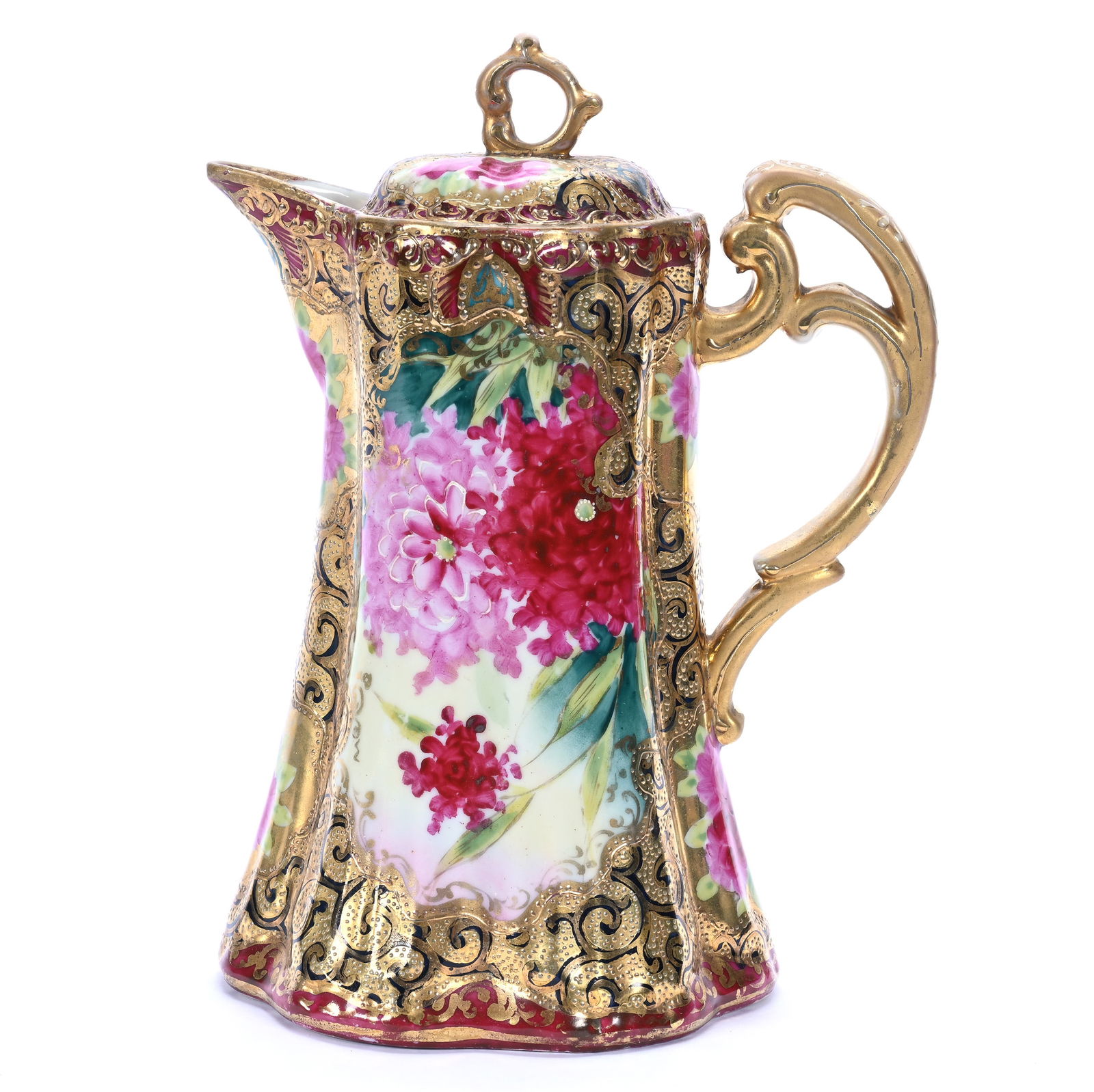 Chocolate Pot, Unmarked Nippon, Pink Floral Decor: Chocolate Pot, Unmarked Nippon, Pink Floral Decor, 9" x 6.75", Heavy Gold Tapestry, Red Border, Spout Touch-Up, Lou And The Late Norman Darland, TN.