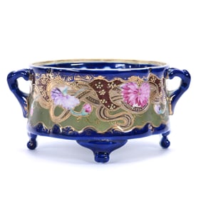 Footed Two-Handle Fernery, Unmarked Nippon, Floral Decor