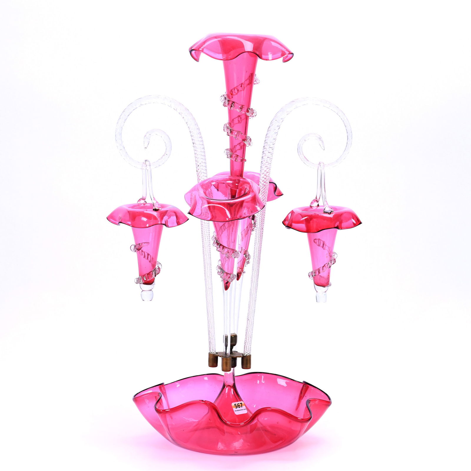 Three Lily Epergne With Two Hanging Baskets, Cranberry Art Glass With Applied Rigaree (1 of 7)