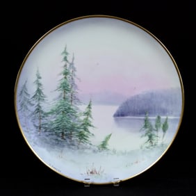 Plate Marked Pickard, Vellum Scenic Decor Of Lake And Tree
