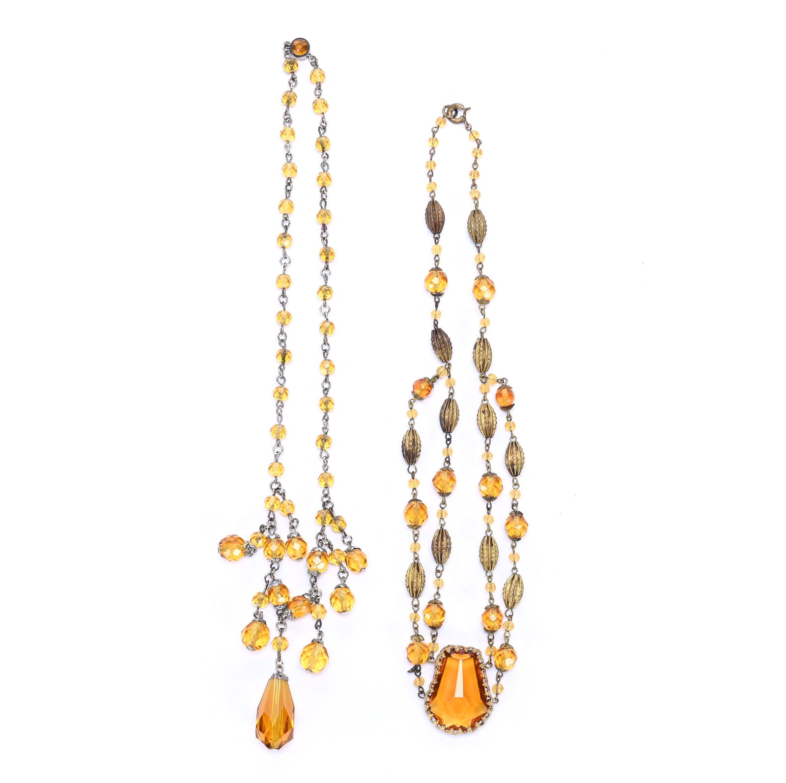 Jewelry - (2) Amber Art Deco Necklaces: (2) Amber Art Deco Necklaces, (1) 16" Length, Seven Dangles, (1) 15.25" Length, Double Strand With Pendant, Private Collection, CA.
