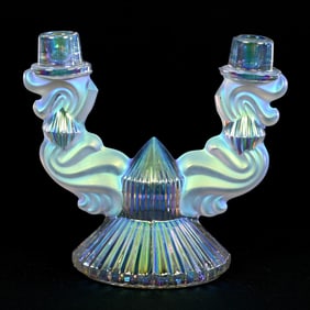 Double Candlestick Holder, Unmarked Czechoslovakia, Iridescent Art Glass With Frosted Arms