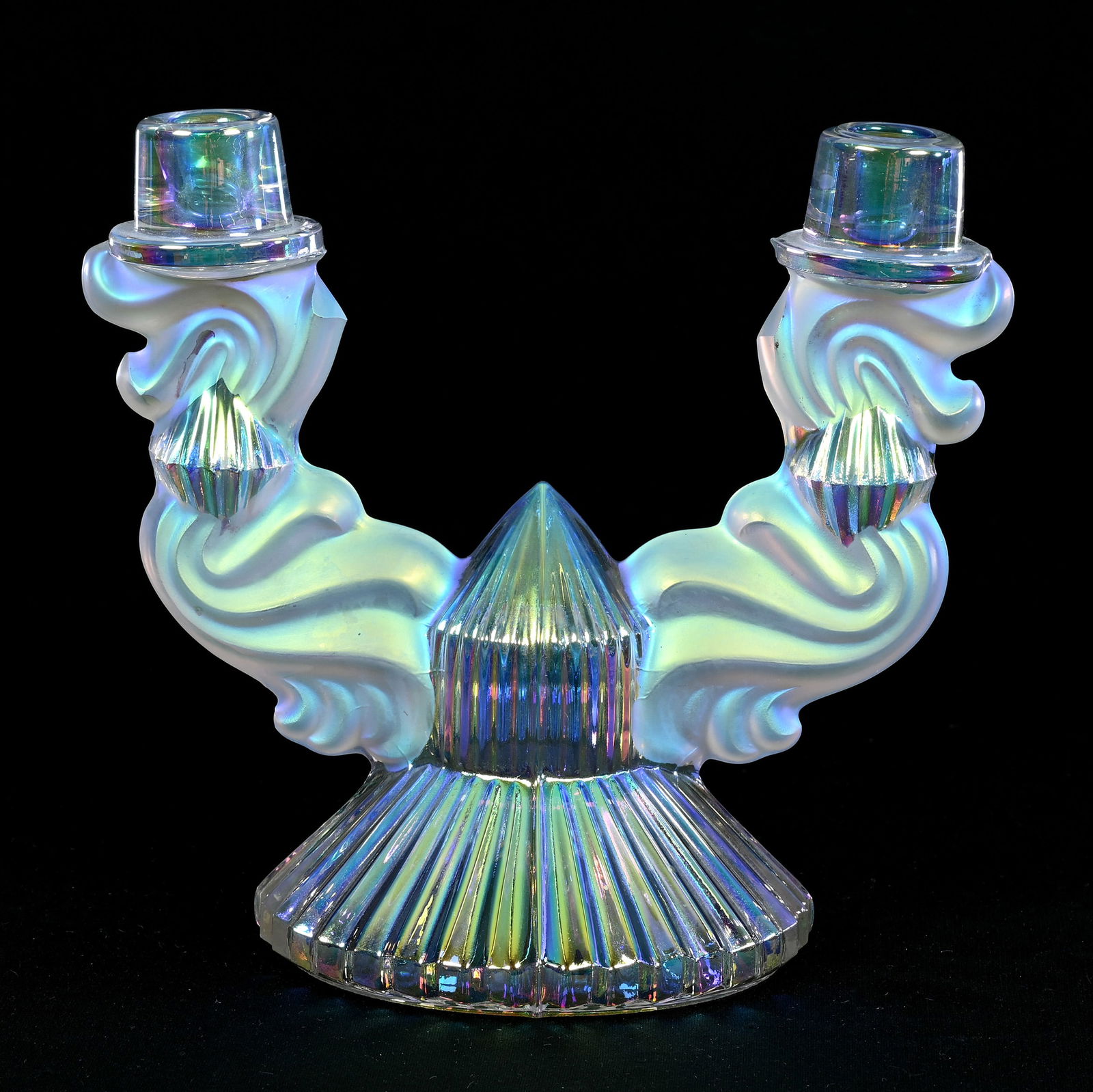 Double Candlestick Holder, Unmarked Czechoslovakia, Iridescent Art Glass With Frosted Arms (1 of 3)