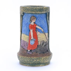 Vase, Marked Amphora Czechoslovakia, Embossed Scene Of Young Girl With Geese