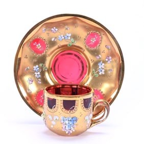 Cup And Saucer, Unmarked Bohemian Cranberry Art Glass, Extensive Gold Overlay