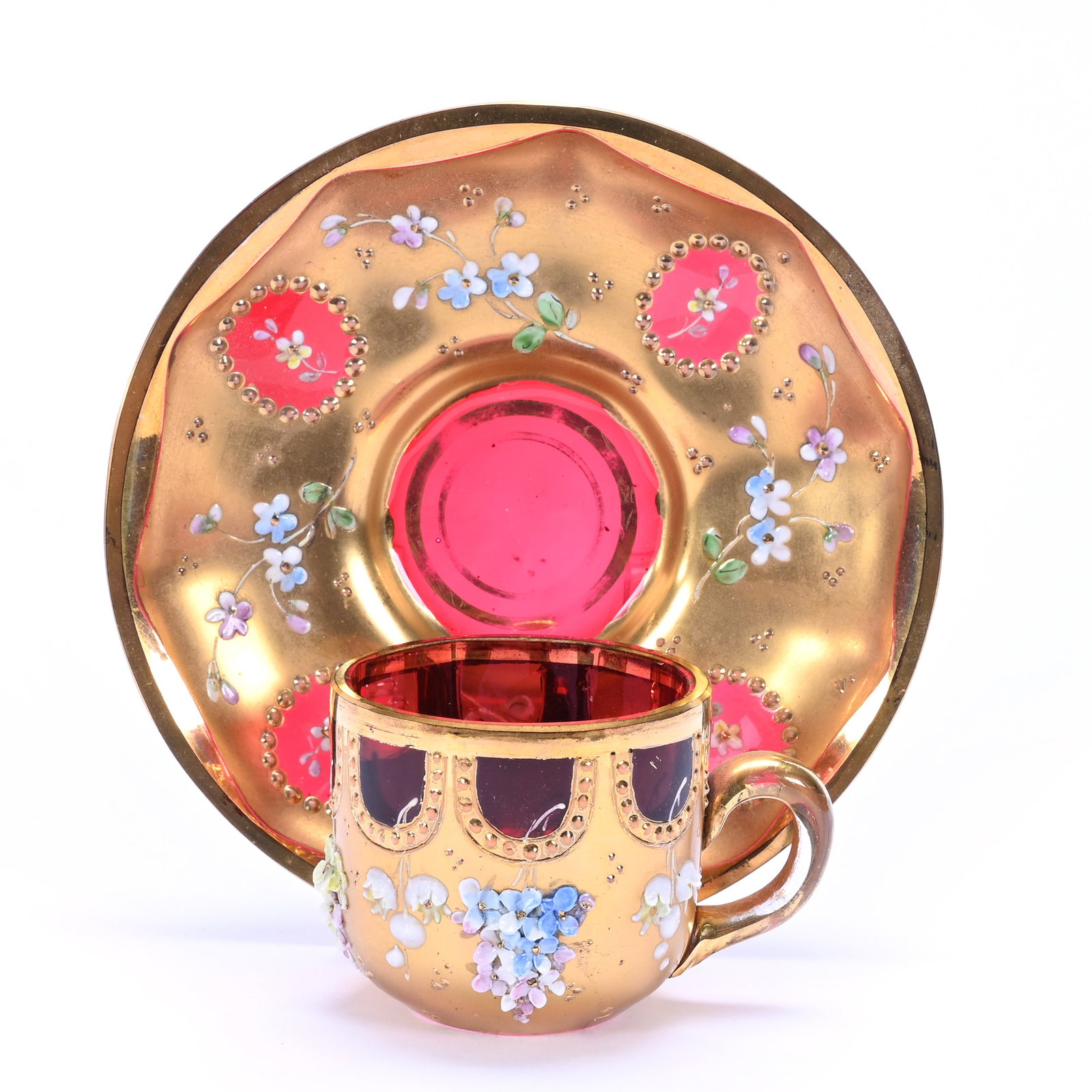 Cup And Saucer, Unmarked Bohemian Cranberry Art Glass, Extensive Gold Overlay: Cup And Saucer, Unmarked Bohemian Cranberry Art Glass, Extensive Gold Overlay, 2" x 4.25", Heavy Enamel Floral Decor, Private Collection, CA.