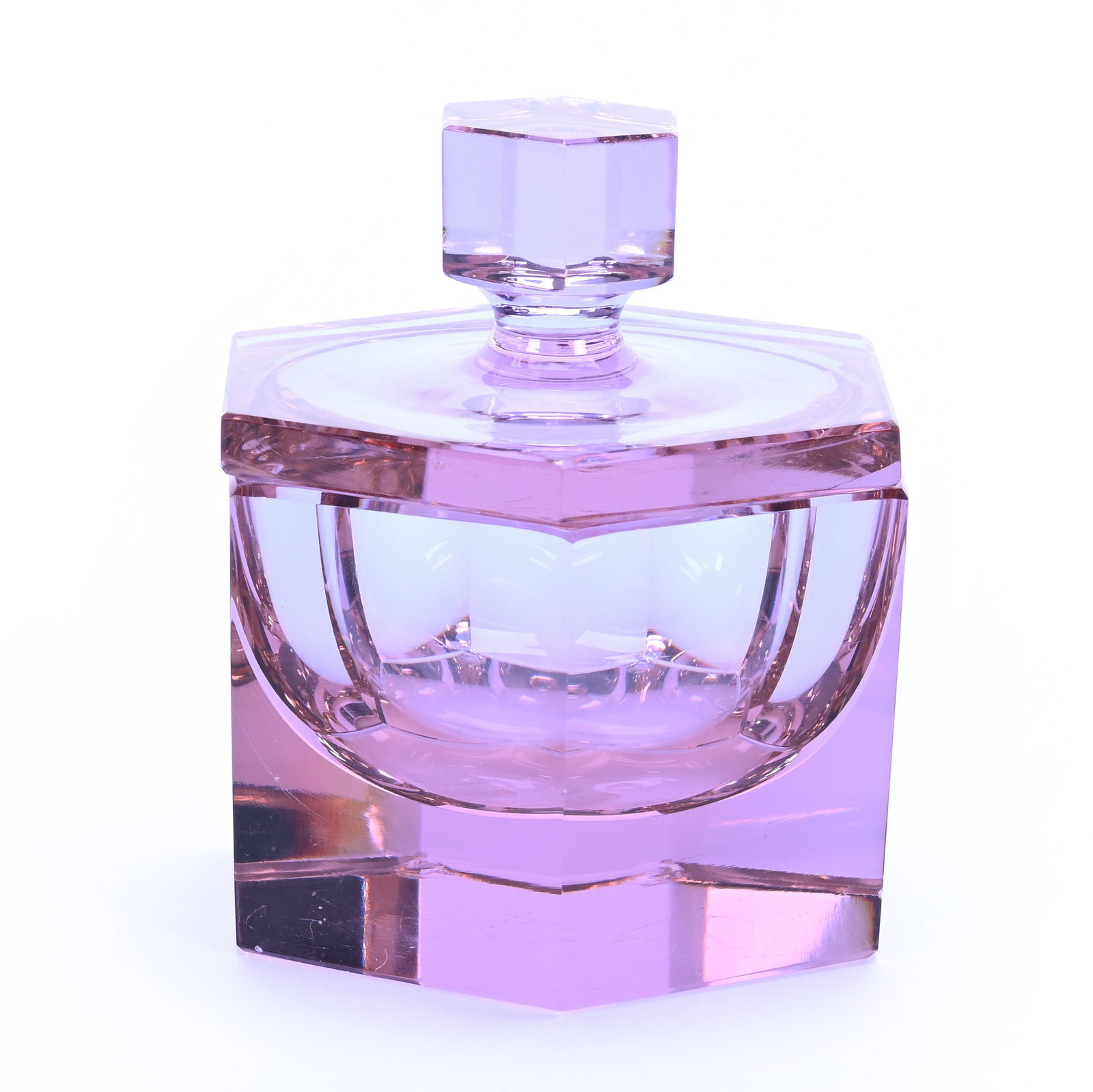 Six-Sided Covered Box, Signed Moser, Alexandrite: Six-Sided Covered Box, Signed Moser, Alexandrite, 4.25" x 3.5", Base Chip, Nick On Interior Lid Rim, Private Collection, CA.