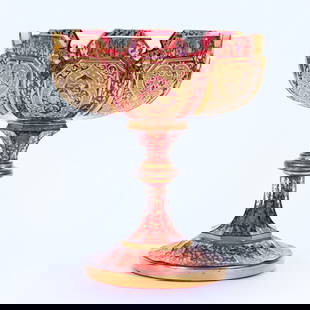 Compote, Cased Cranberry Art Glass Attributed To Moser: Compote, Cased Cranberry Art Glass Attributed To Moser, 7" x 6", Eight Raised Panels With Extensive Gold Highlights, Private Collection, CA.