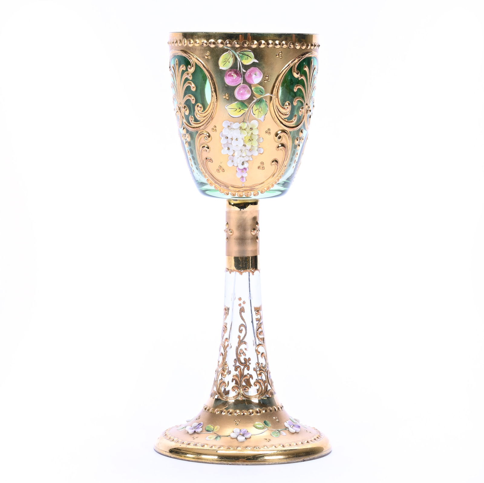 Wine Stem, Green Shading To Clear Bohemian Art Glass: Wine Stem, Green Shading To Clear Bohemian Art Glass, 7.25" x 3", Heavy Gold Overlay With Enamel Fruit And Floral Decor, Private Collection, CA.