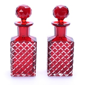 Pair Of Cologne Bottles, Marked Czechoslovakia, Solid Cased Selenium Red Art Glass