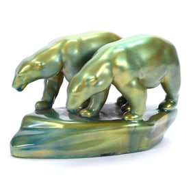 Figural Group, Marked Zsolnay, Classic Green Iridescence