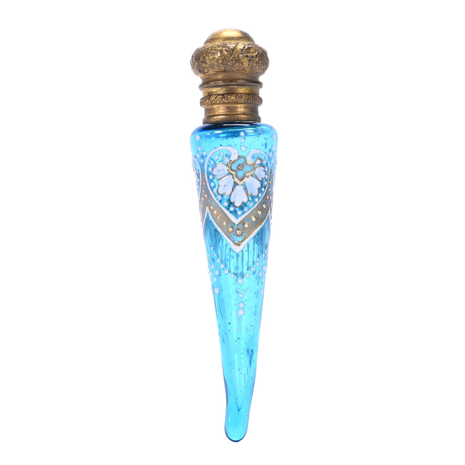 Perfume Bottle, Blue Art Glass With Enamel Decor (1 of 2)