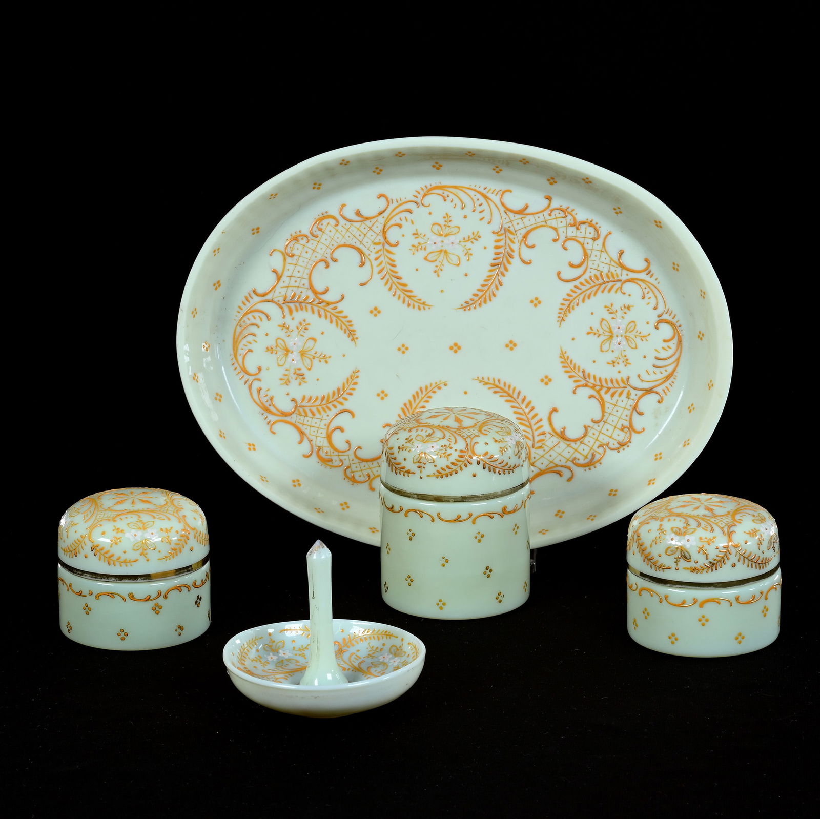 (5) Dresser Set, Unmarked Yellow Opaque Art Glass (1 of 4)