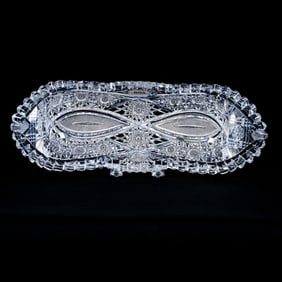 Gondola Shaped Celery Tray, American Brilliant Cut Glass, Hobstar, Vesica, And Prism Motif