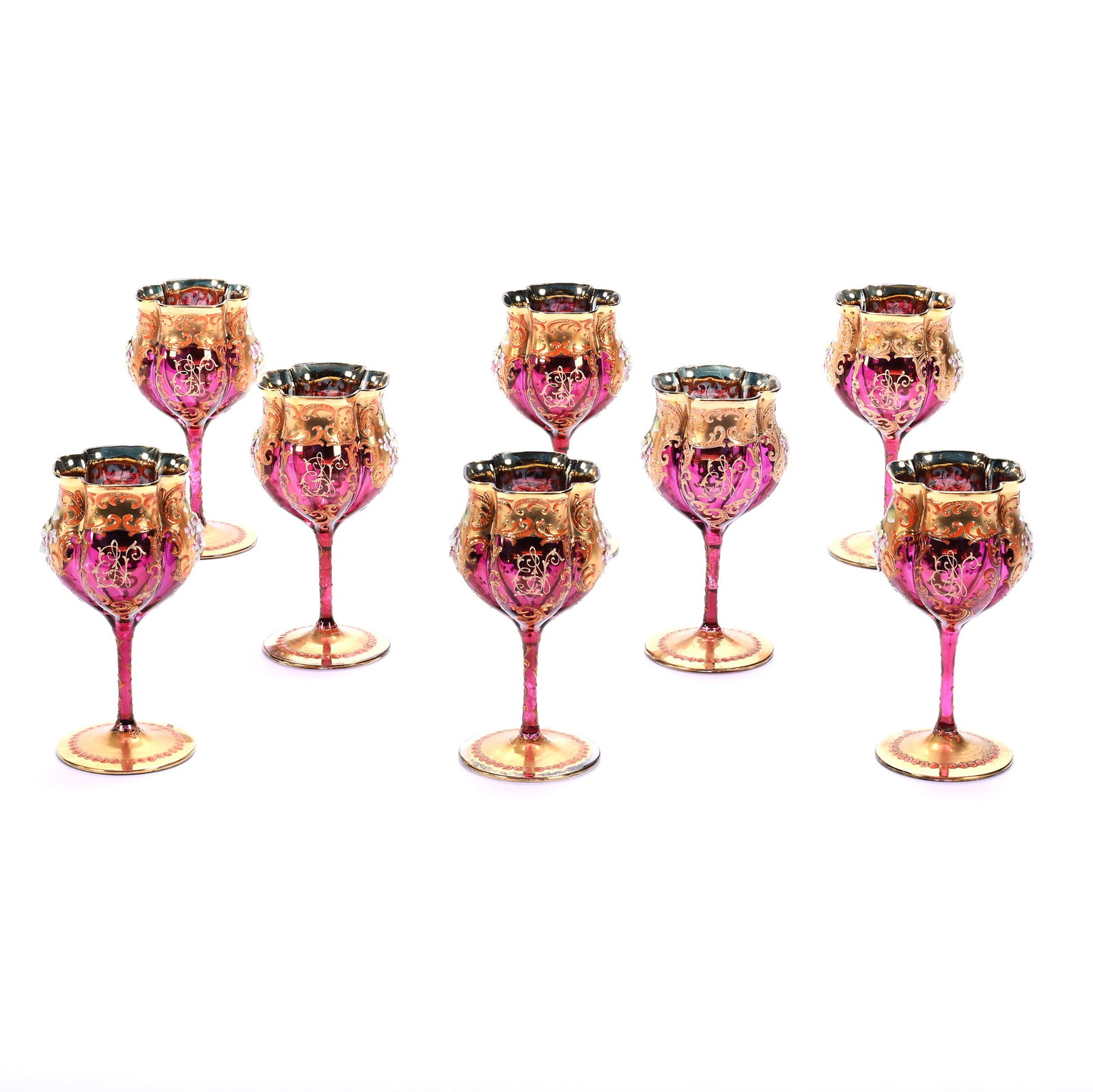 (8) Wine Stems, Bohemian Art Glass, Blown Mold, Amethyst Flashed: (8) Wine Stems, Bohemian Art Glass, Blown Mold, Amethyst Flashed, 5.25" x 2.5", Heavy Gold Overlay, Enamel Floral Decor, Complete Set With Monograms, Private Collection, CA.